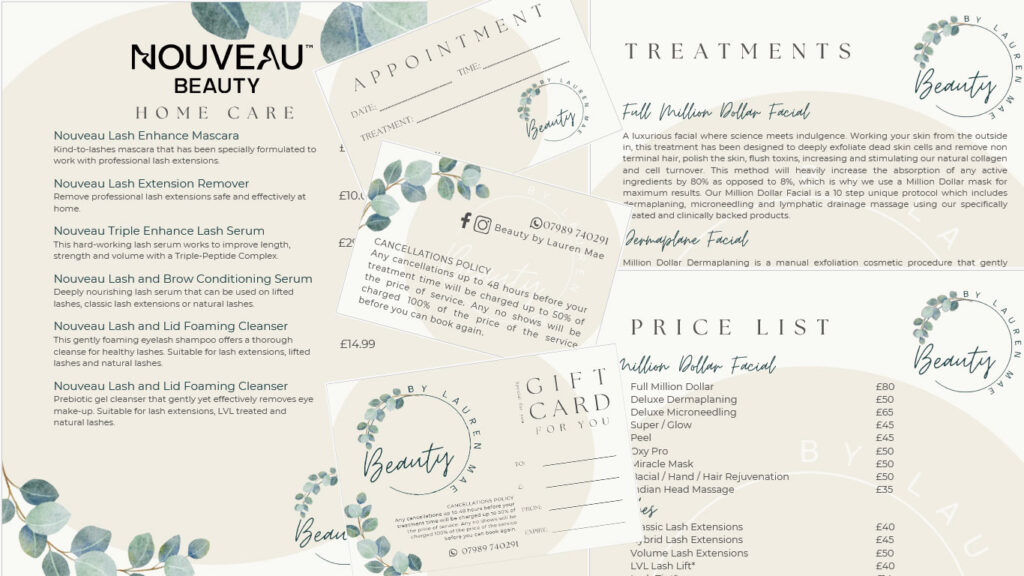 Lovely matching and branded beauty salon price lists and treatment lists