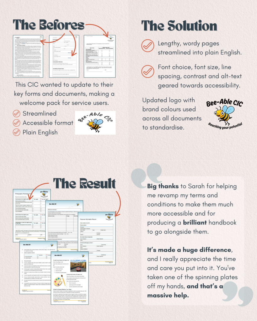 Image shows the before and after of unbranded to professionally branded documents - Terms and Conditions, Service User Handbook, Photography Permissions Form and Personal Data Form. Shows the CIC logo of a Bee witht he text Bee-Able CIC and also the tagline "Reaching Your Potential" Also shows a testimonial which is written into the text below.